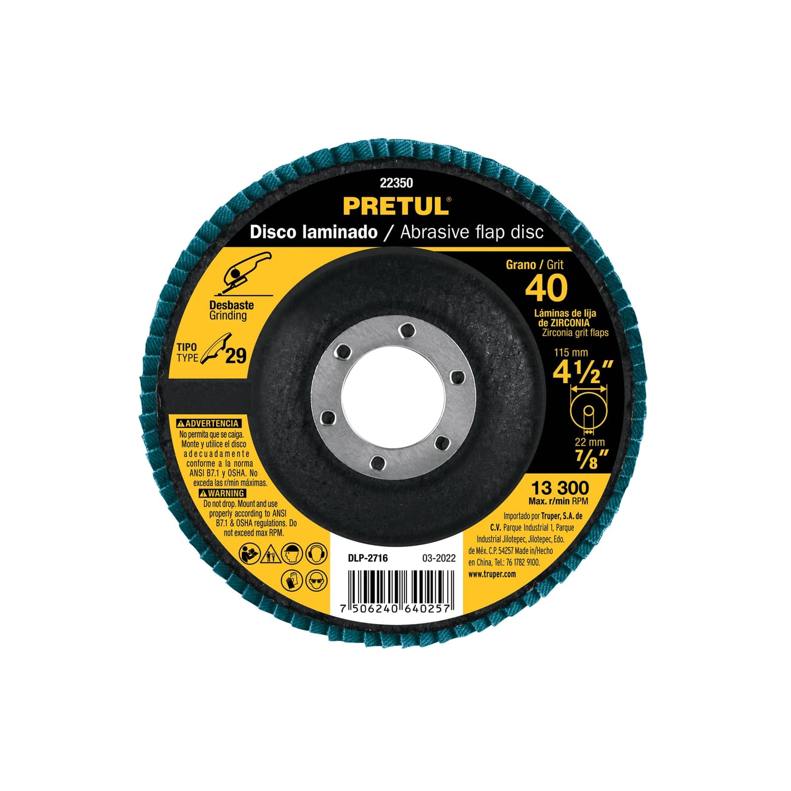 Disco Laminado 4-1/2" Grano 40 Centro 7/8" DLP-2716 Pretul
