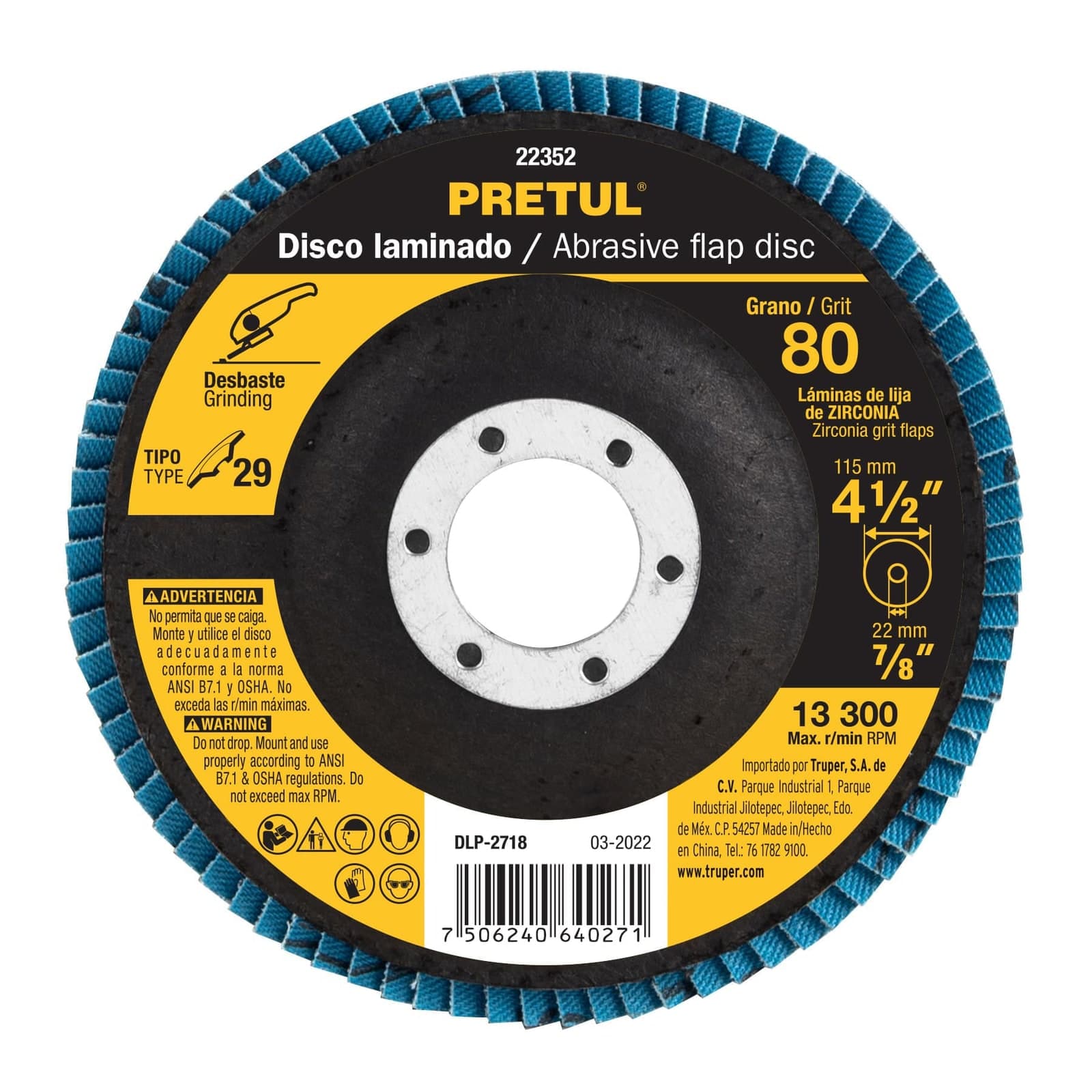 Disco Laminado 4-1/2" Grano 80 Centro 7/8" DLP-2718 Pretul
