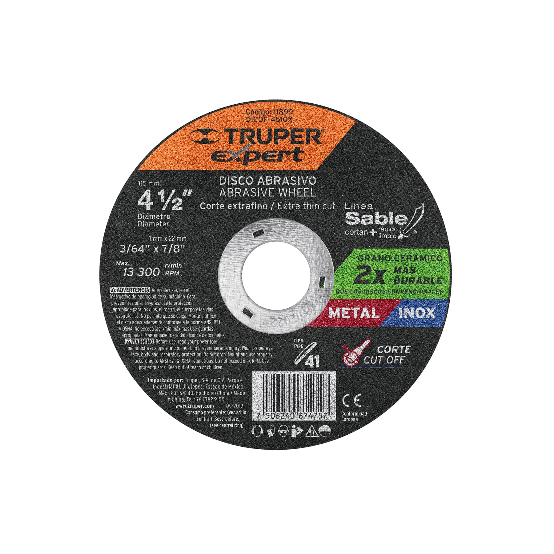 Disco P/Corte Metal Fino Tipo 41 Diametro 4-1/2" DICOF-4510X Truper