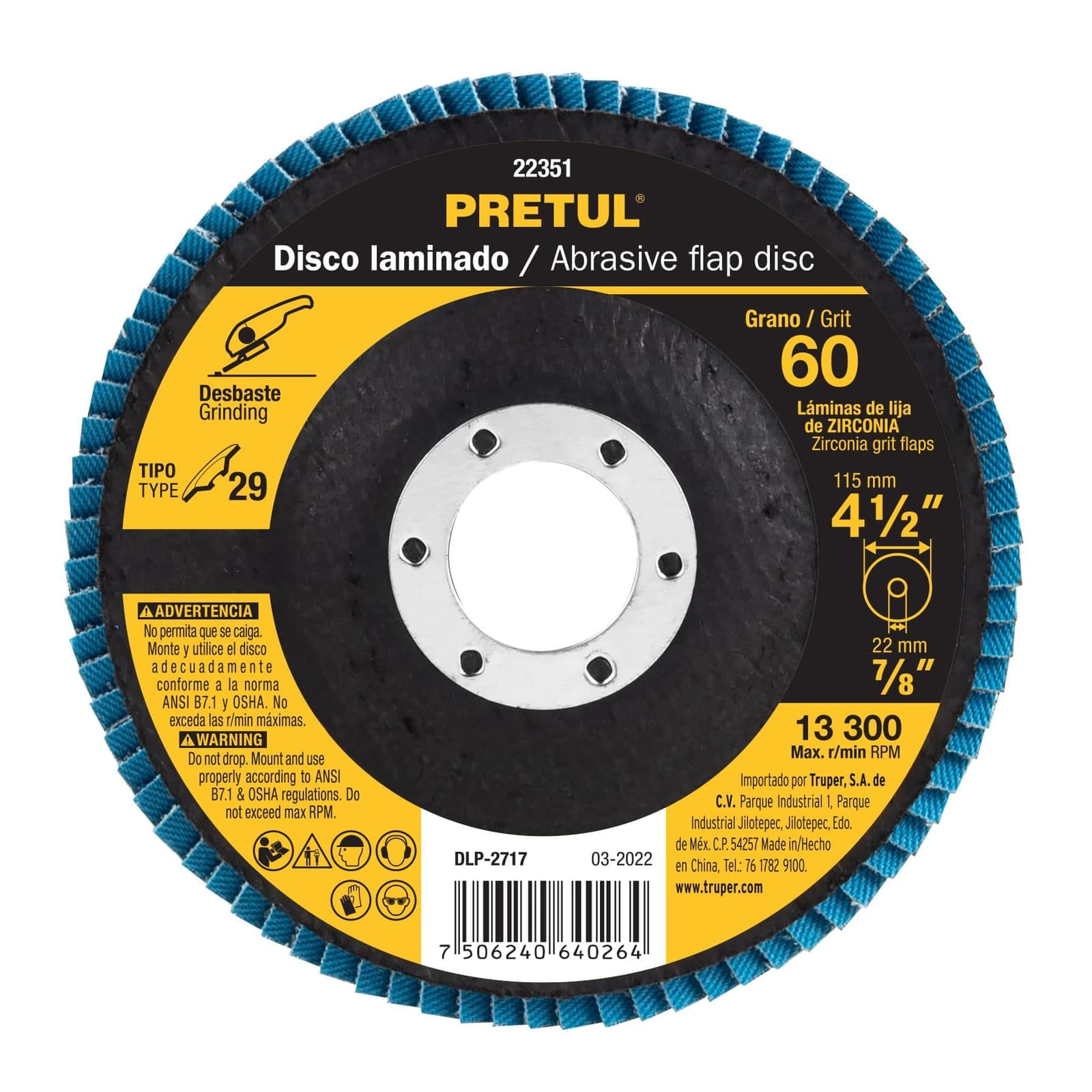 Disco Laminado 4-1/2" Grano 60 Centro 7/8" DLP-2717 Pretul