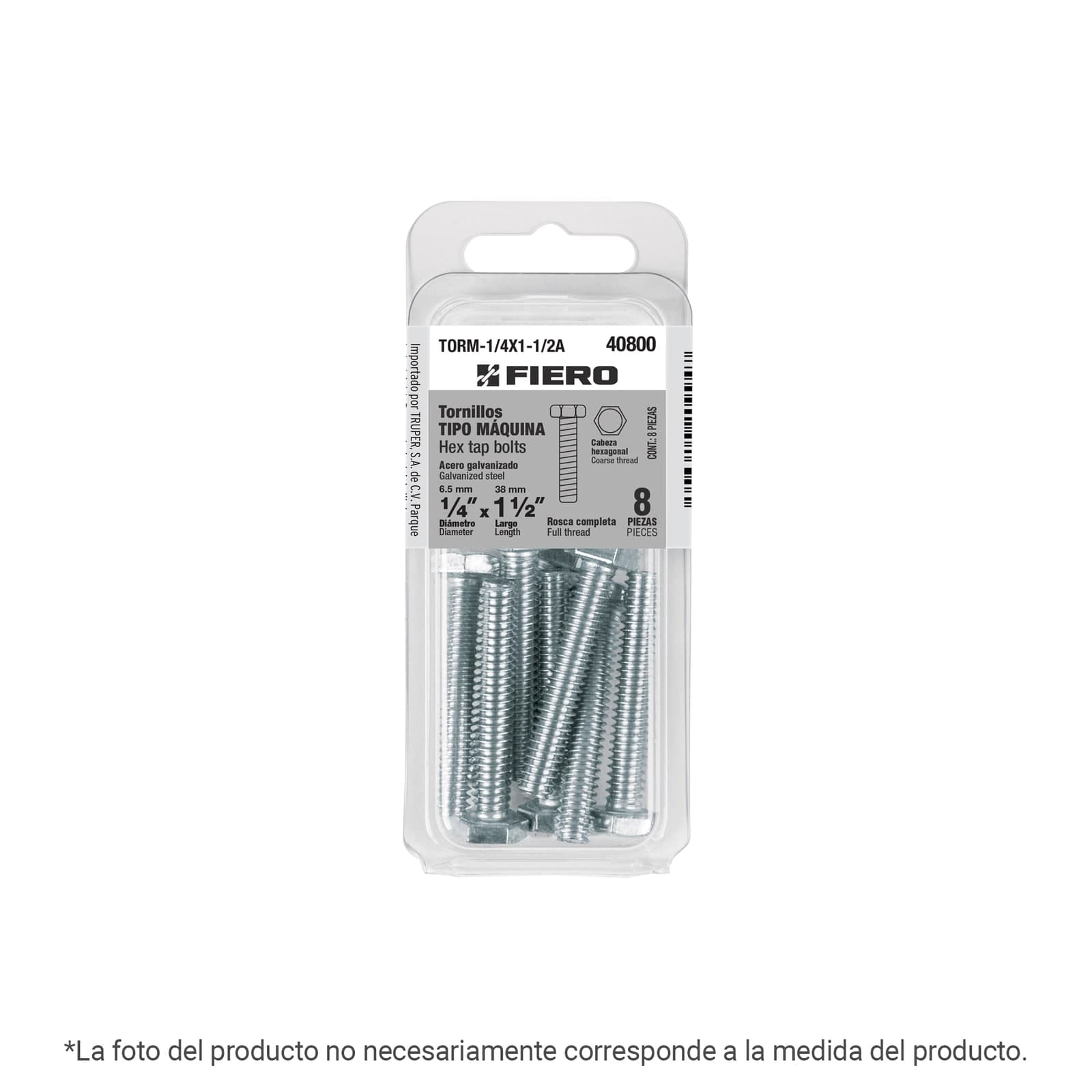 Tornillo Acero Galv. T/Máquina Blister 3/8 x 1-1/2" 4 Pzs TORM-3/8X1-1/2A Fiero