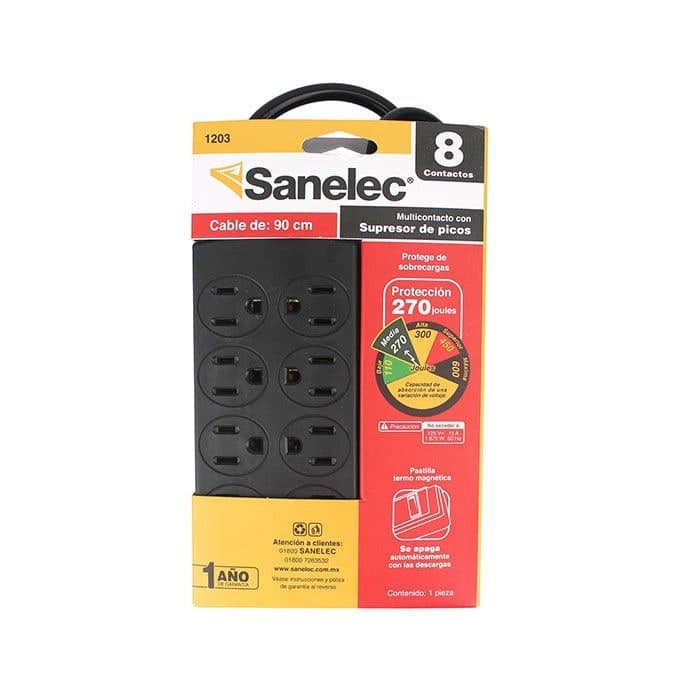 Multicontacto C/Supresor de Picos 8 Entradas Cable 80 CM 1203 Sanelec