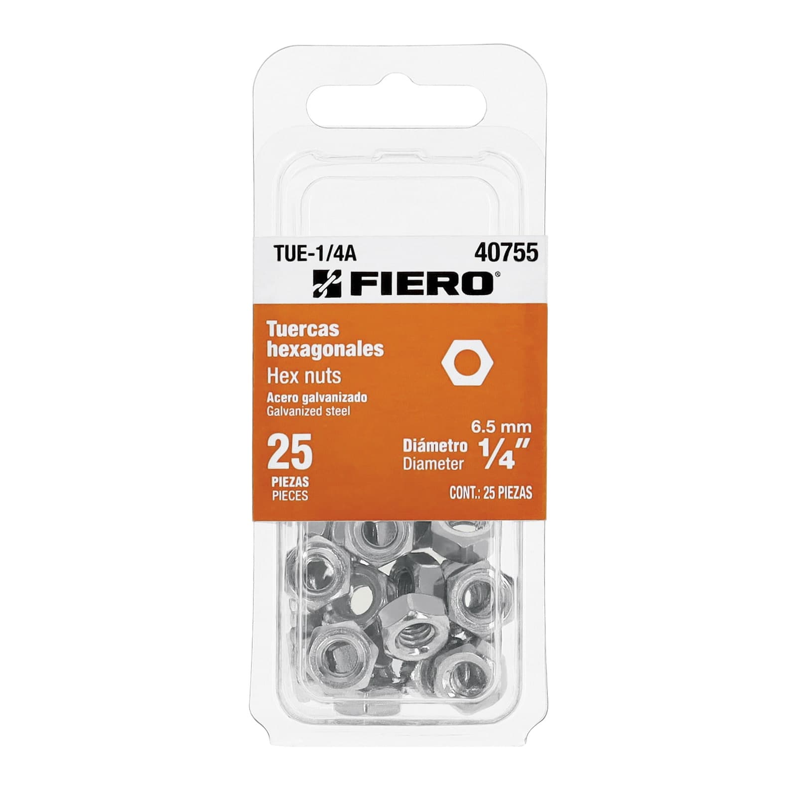 Tuerca Acero Galv. Hexagonal Blister 1/4" 25 Pzs TUE-1/4A Fiero