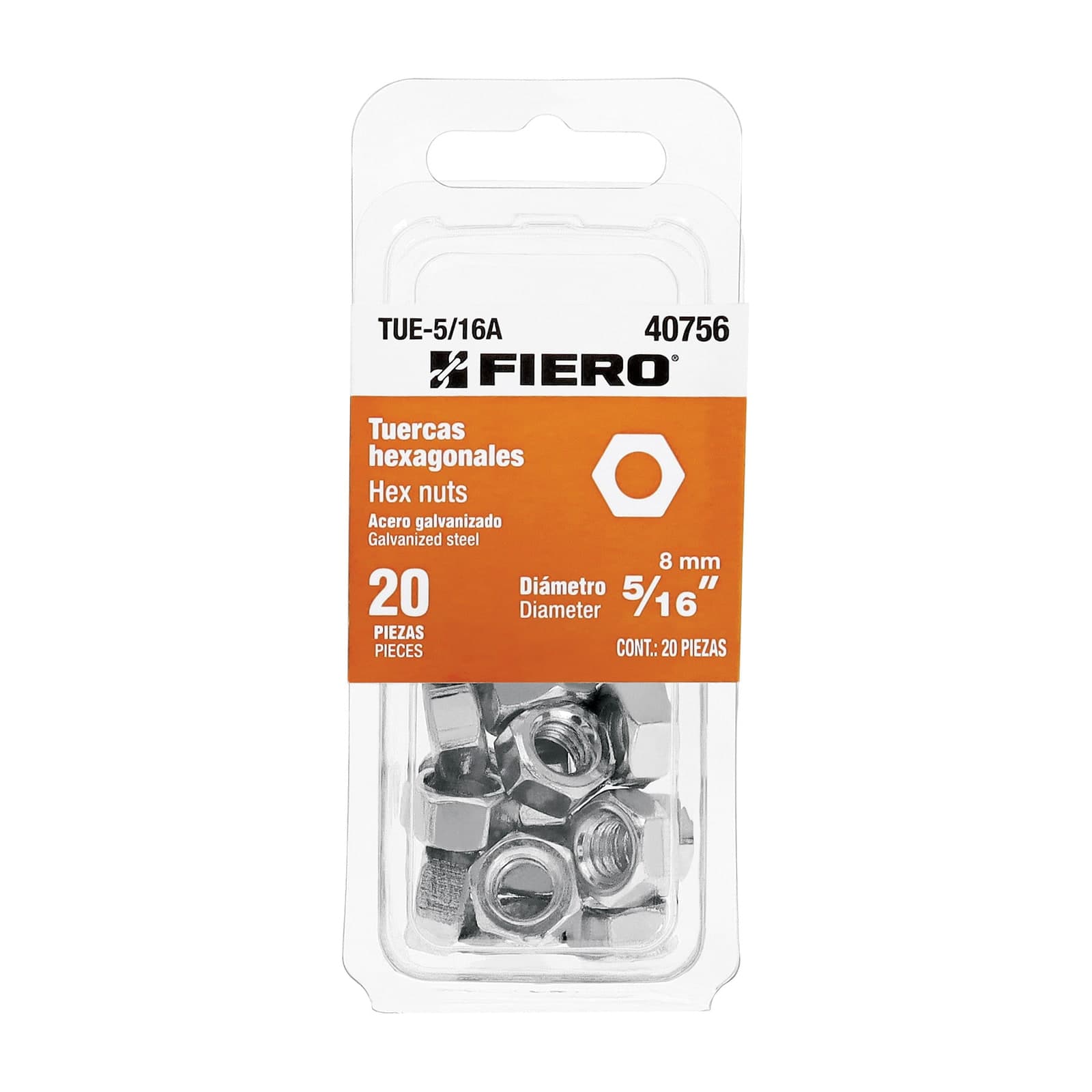 Tuerca Acero Galv. Hexagonal Blister 5/16" 20 Pzs TUE-5/16A Fiero