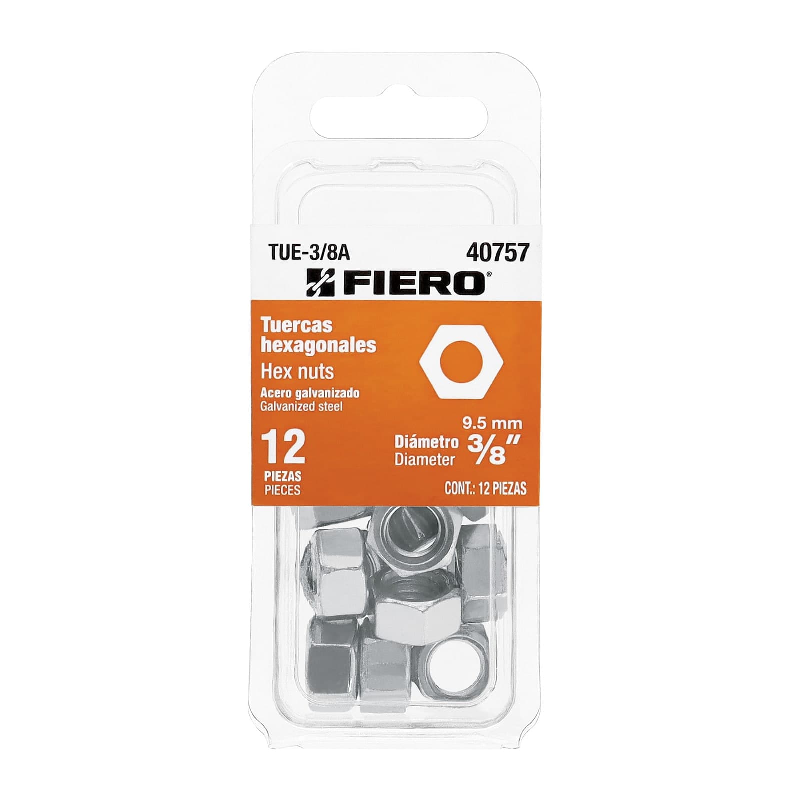 Tuerca Acero Galv. Hexagonal Blister 3/8" 12 Pzs TUE-3/8A Fiero