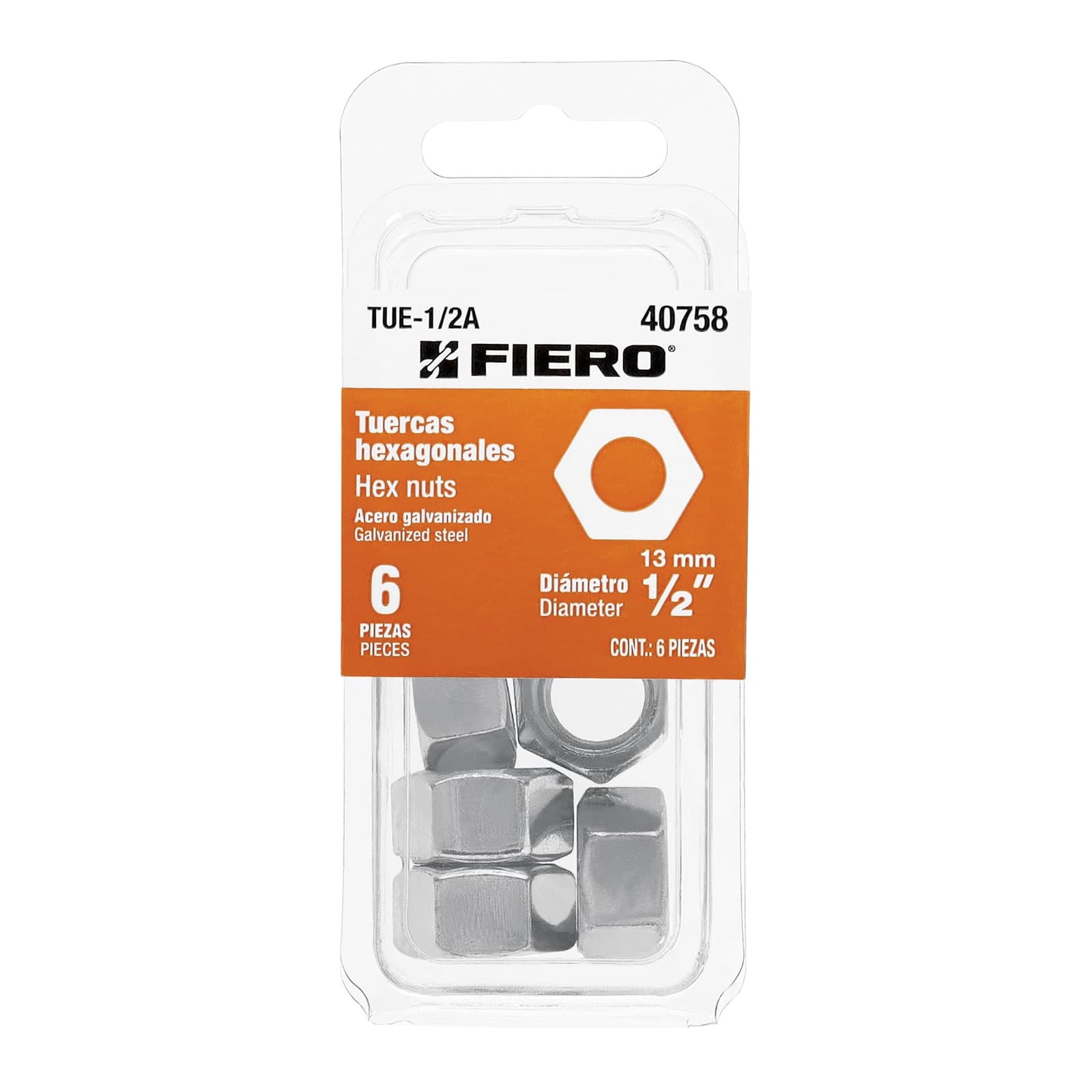 Tuerca Acero Galv. Hexagonal Blister 1/2" 6 Pzs TUE-1/2A Fiero