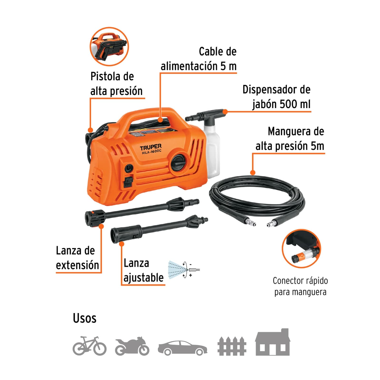 Hidrolavadora Eléctrica Compacta 1400 W 1600 PSI 127 V 5.5 L/Min HILA-1600C Truper